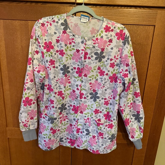 Scrub H.Q. Snap Front Floral Long Sleeve Light Weight Scrub Jacket Size Small - Picture 1 of 5